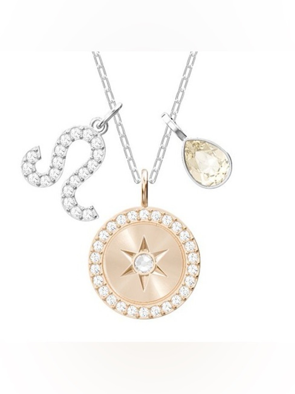 Rose Gold Star Compass Necklace with Clear Crystal & Silver CZ Charm